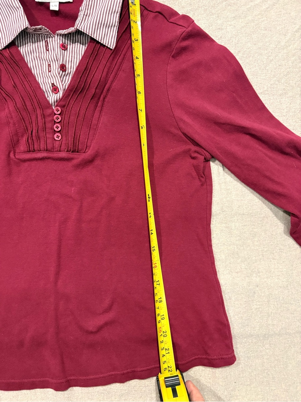 Vintage Layered-Look V-Neck Fooler Sweater with Striped Collar - Burgundy. Large - Picture 9 of 12